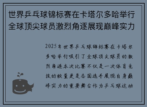 世界乒乓球锦标赛在卡塔尔多哈举行全球顶尖球员激烈角逐展现巅峰实力 世界乒乓球锦标赛在卡塔尔多哈举行全球顶尖球员激烈角逐展现巅峰实力