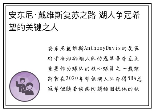 安东尼·戴维斯复苏之路 湖人争冠希望的关键之人